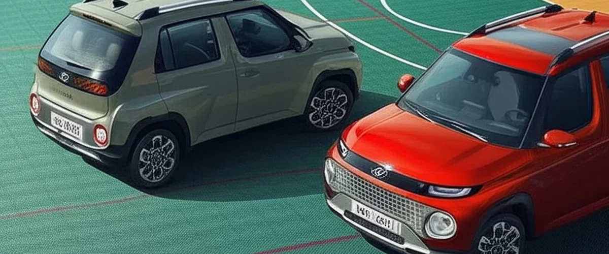 Hyundai Casper зеленого цвета на фоне городской застройки