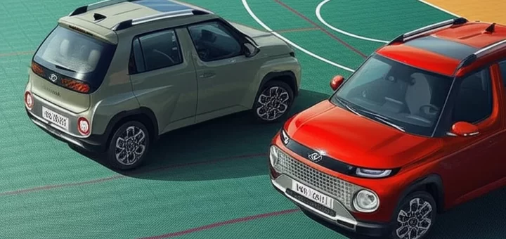 Hyundai Casper зеленого цвета на фоне городской застройки