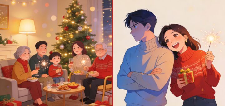 Festive split-screen New Year scene with cozy family on the left and contrasting moods on the right