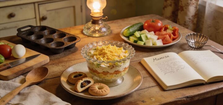 Винтажная советская кухня: «Мимоза», печенье «орешки», овощи и рецептурная тетрадь на деревянном столе