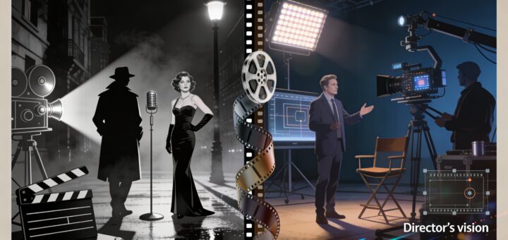 16:9 cinematic split-screen composition: left side shows a classic film noir scene with dramatic lighting and iconic characters from vintage cinema