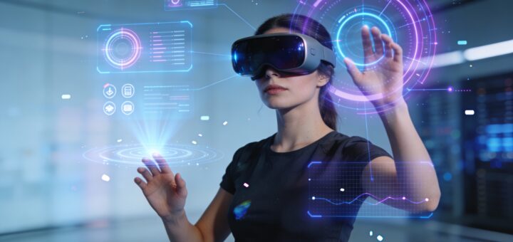 VR-очки на человеке с голографическими эффектами