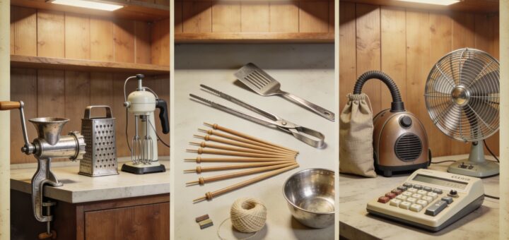 Тёплый ретро‑коллаж советской домашней техники и хозяйственных предметов на деревянных полках