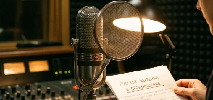 Крупный план ретро-студийного микрофона с поп-фильтром на фоне мягко размытых огней студии