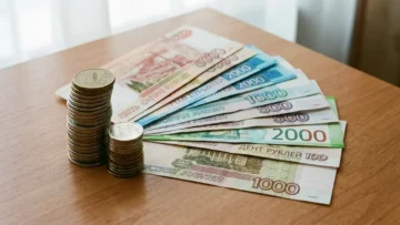 Крупный план стопки российских монет и нескольких банкнот.