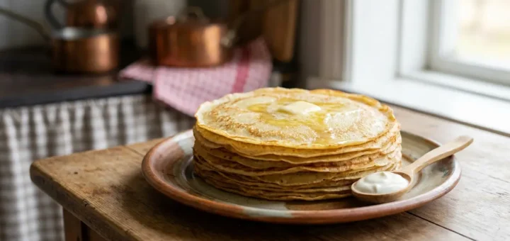 Стопка золотистых блинов на деревенской тарелке с тающим кусочком масла, рядом ложка сметаны, мягкий естественный свет и тёплая домашняя под